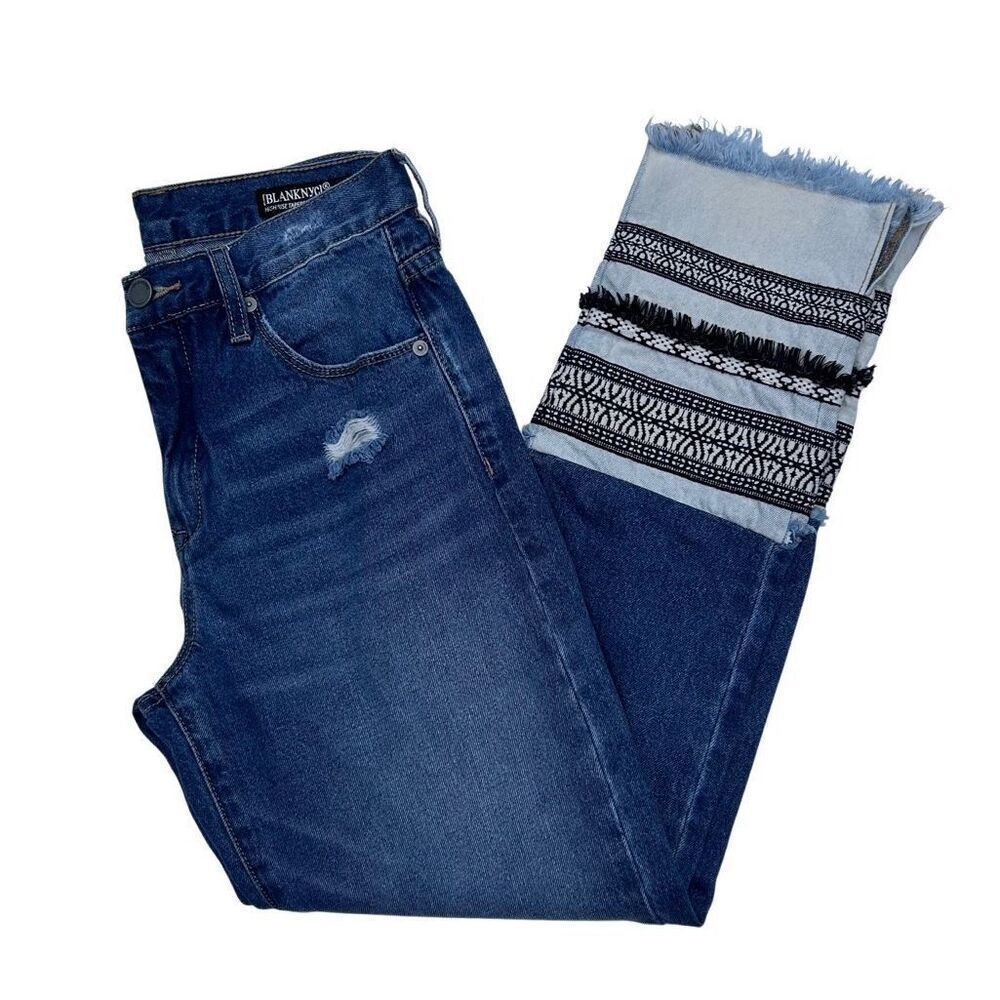 BLANKNYC Miss Molly Jeans Women's Size 27 Blue High Rise Tapered Raw Frayed Hem - Picture 4 of 12